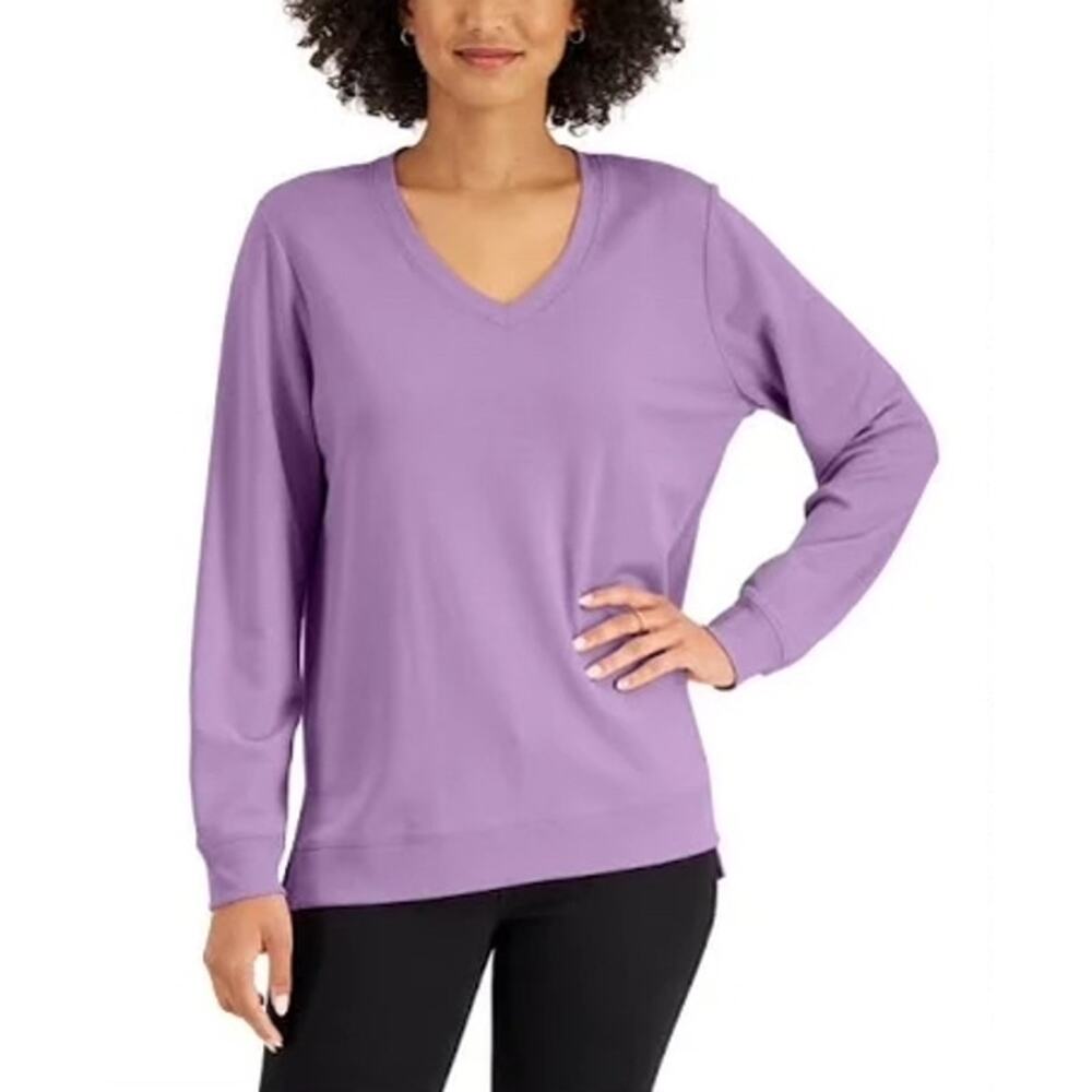Karen Scott Sport Essentials Fragrant Lilac French Terry V-Neck High-Low Top - L